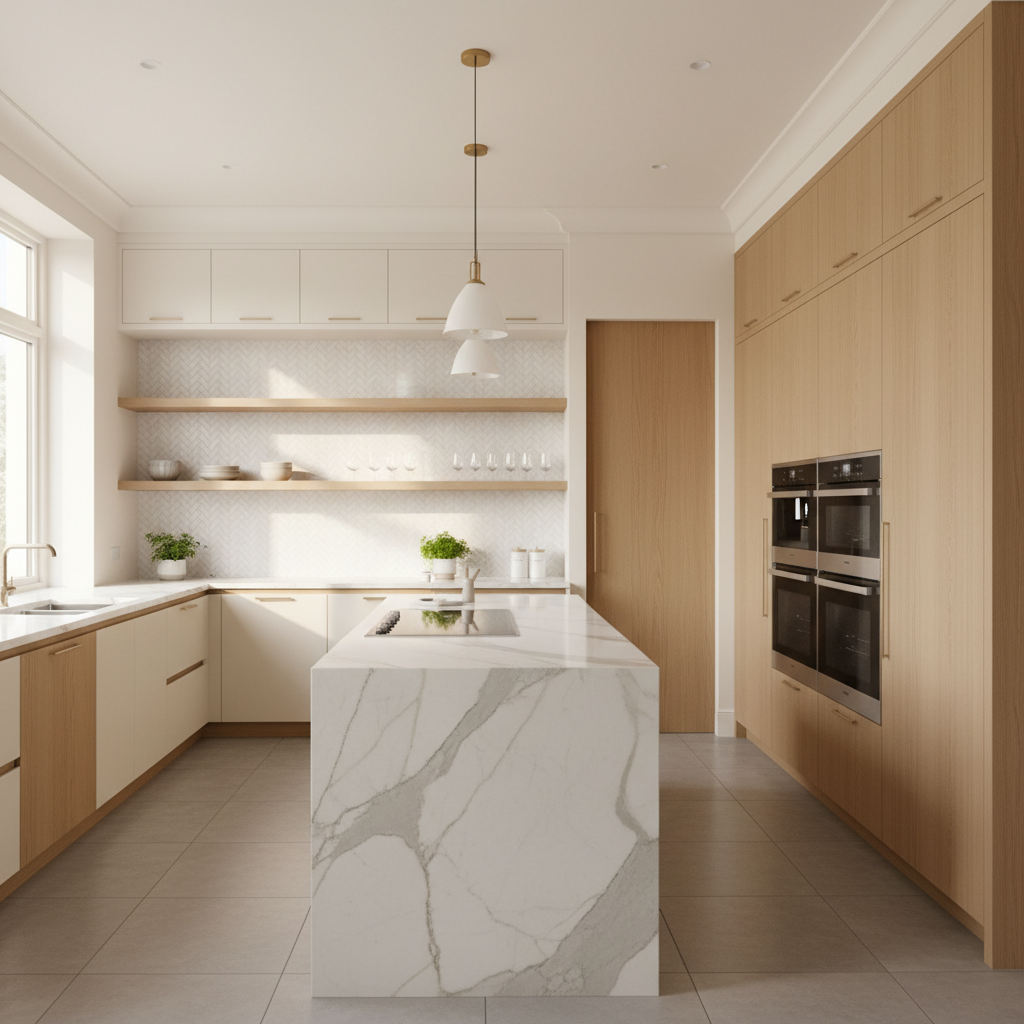 Upscale kitchen with integrated appliances in San Bernardino